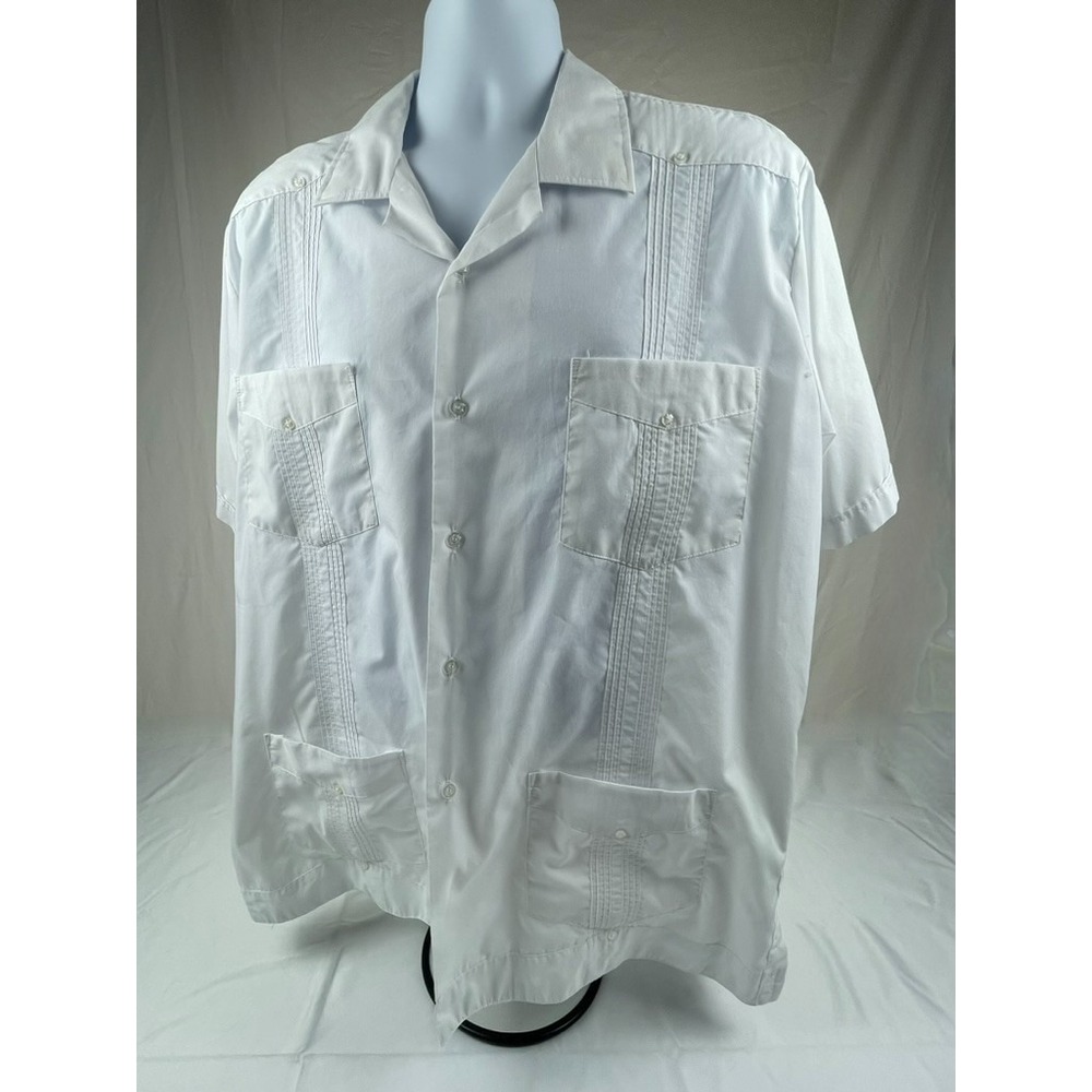 GUAYABERA Mens XL White 4 Pocket Short Sleeve Button Front Cuban Camp Shirt